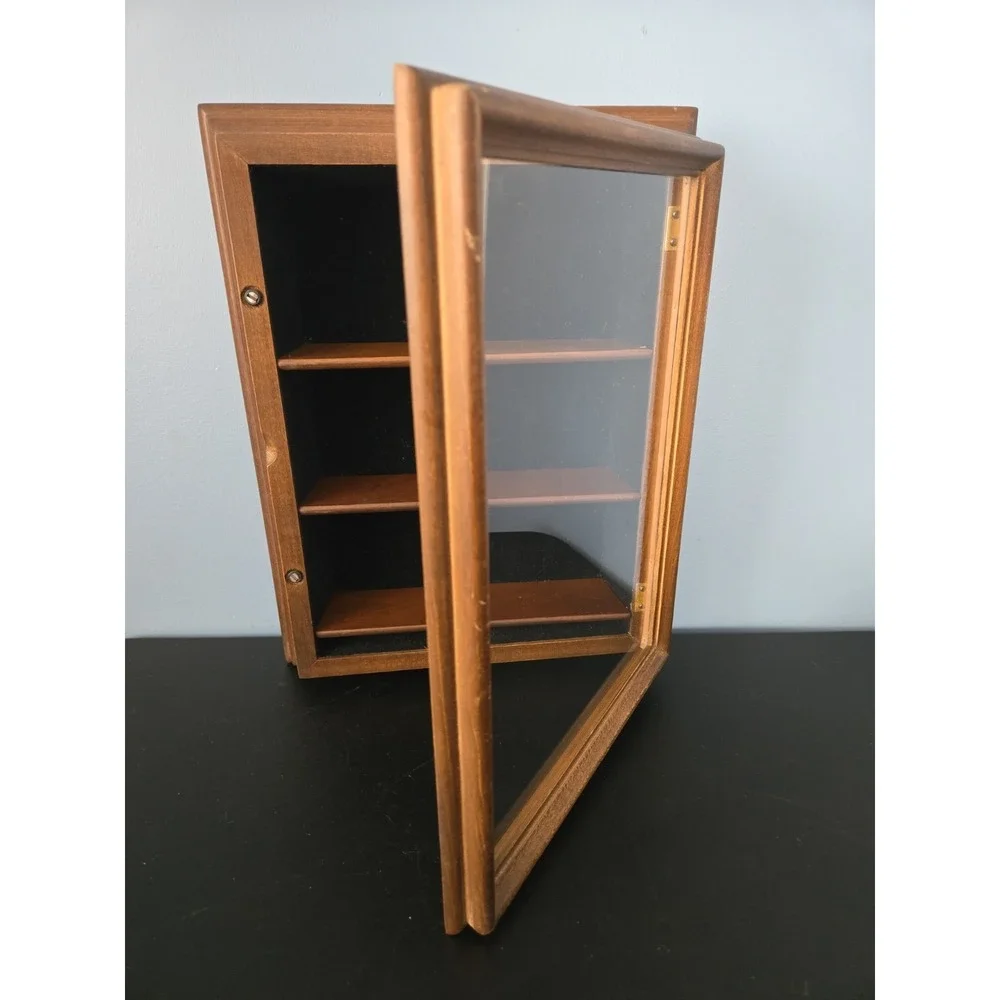 Vintage Wooden Curio Cabinet Knick Knack Display Shelf Glass Door Wall Mountable